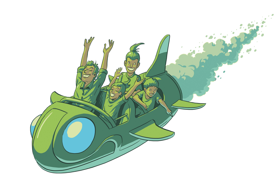 Illustration de personnages à bord d'une fusée